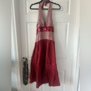 Red Embroidered Peasant Maxi Dress